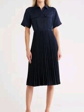 Nwot 3X Jason Wu Navy Pleated Shirt-Front Midi Dress